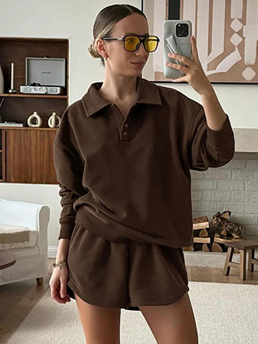 

Vintage Solid Sweatshirt 2 Piece Set Long Sleeve Button Sport Pullover Top+Shorts Autumn New Casual Fashion Sport Suit For Women