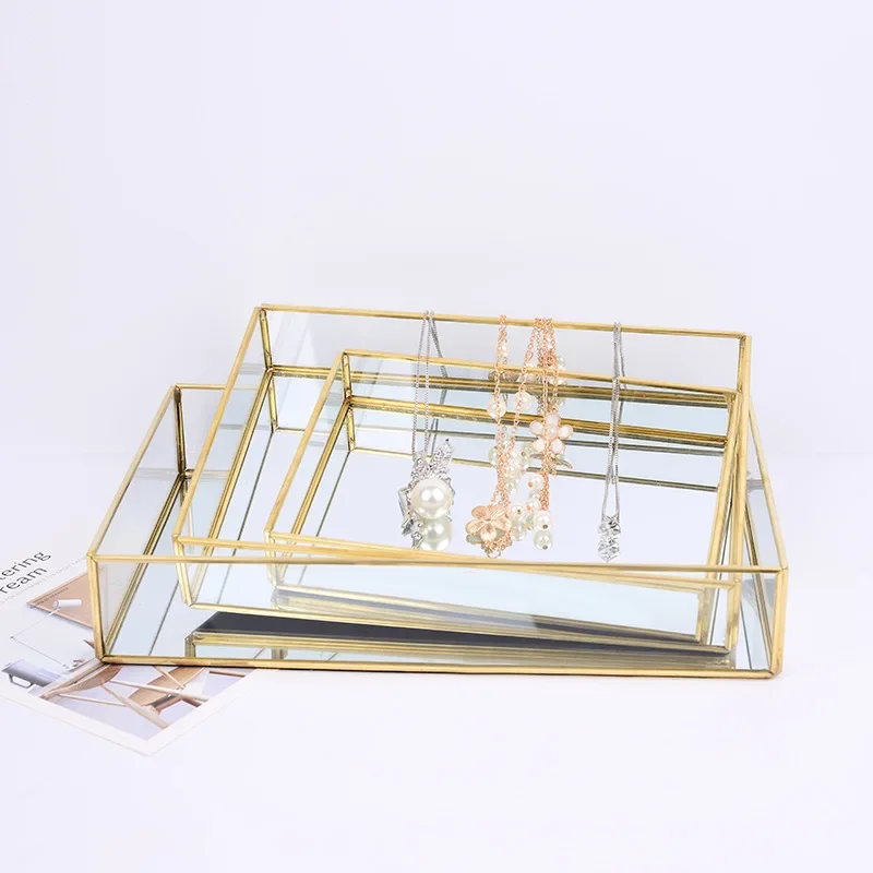 Nordic Retro Storage Tray Gold Rectangle Glass Makeup Organizer  Dessert Plate Jewelry Display Home Kitchen Decor WF1015