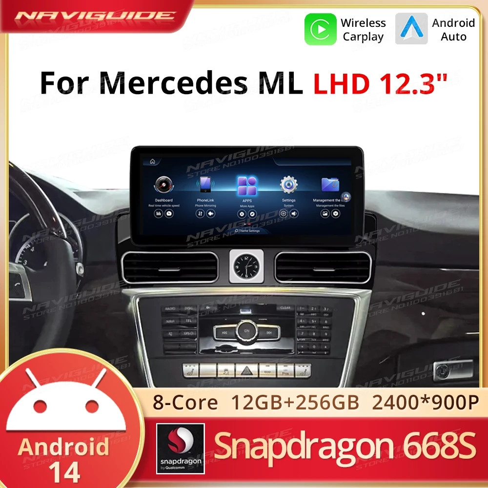 

NAVIGUIDE Android 14 для Mercedes ML Class W166 LHD беспроводной Carplay Android Auto интеллектуальный автомобильный навигационный мультимедийный плеер