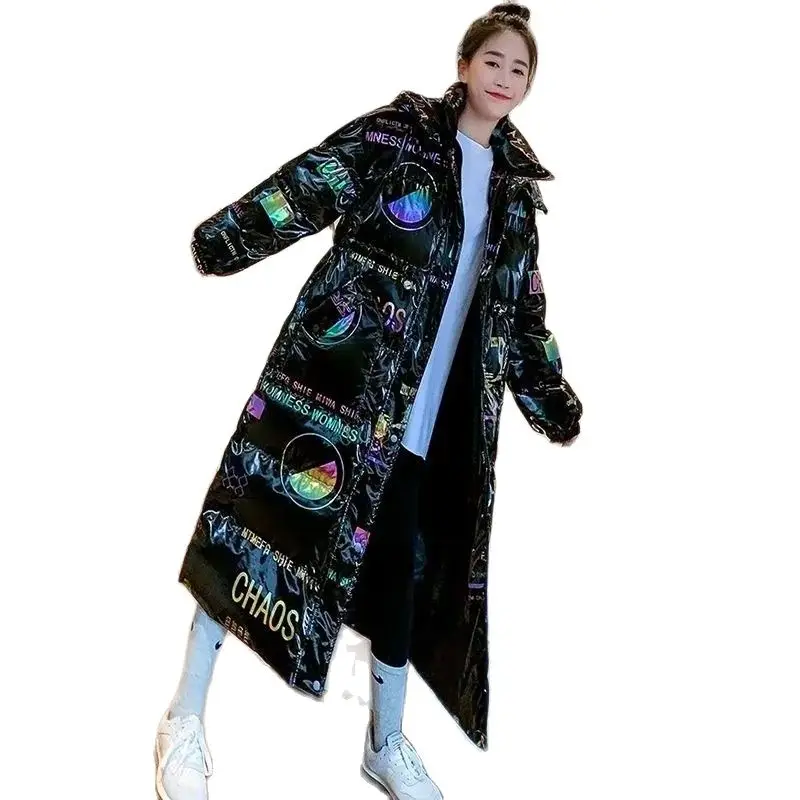 Cotton-padded Clothes New Printing Pearlescent Bright Three-Proof Washable Down Cotton-padded Jacket Knee-length Warm Coat.