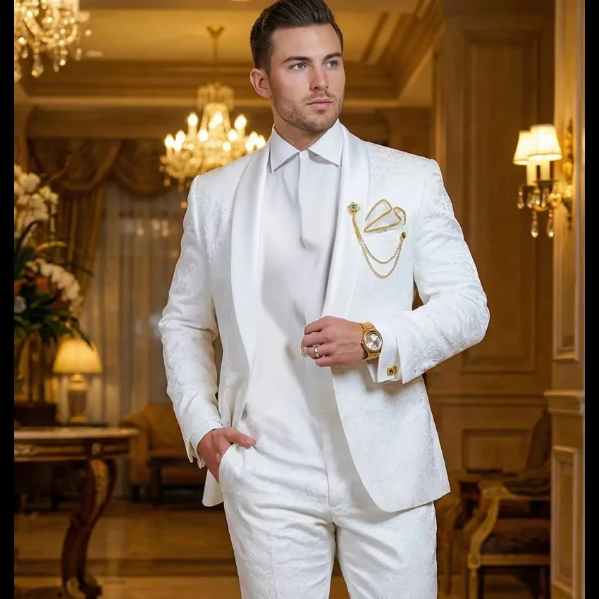 2 Pieces Floral Pattern Men Suits for Wedding Party Slim Fit Groomsmen Tuxedo Shawl Lapel Groom Suit (Jacket + Pants )