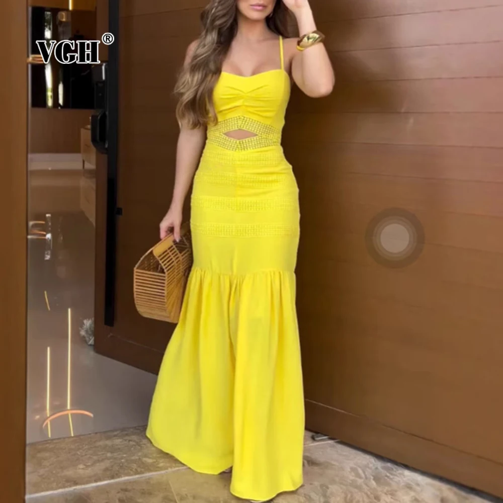 

VGH Solid Sexy Split Design Dress for Women Square Collar Sleeveless Slimming Temperament Spliced Hollow Out Dresses Female New