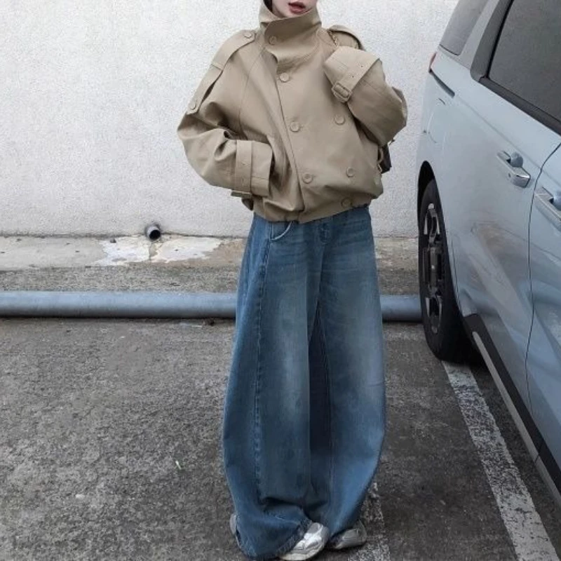 

Khaki Standing Collar Short Windbreaker for Women 2025 New High-end Double Breasted Jacket