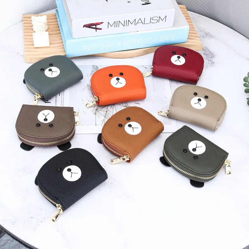 

Pebbled Genuine Leather Cartoon Bear Accordion Card Holder, Zipper Closure Mini Wallet, Women Organizer Card Bagfor Credit Cards