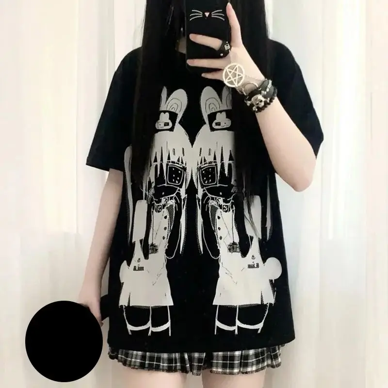 Harajuku Y2k clothing arcane Short Sleeve Black Tops Cool Cute Subculture Round Neck T Shirt 2000s goth Punk Japanese Tees tops