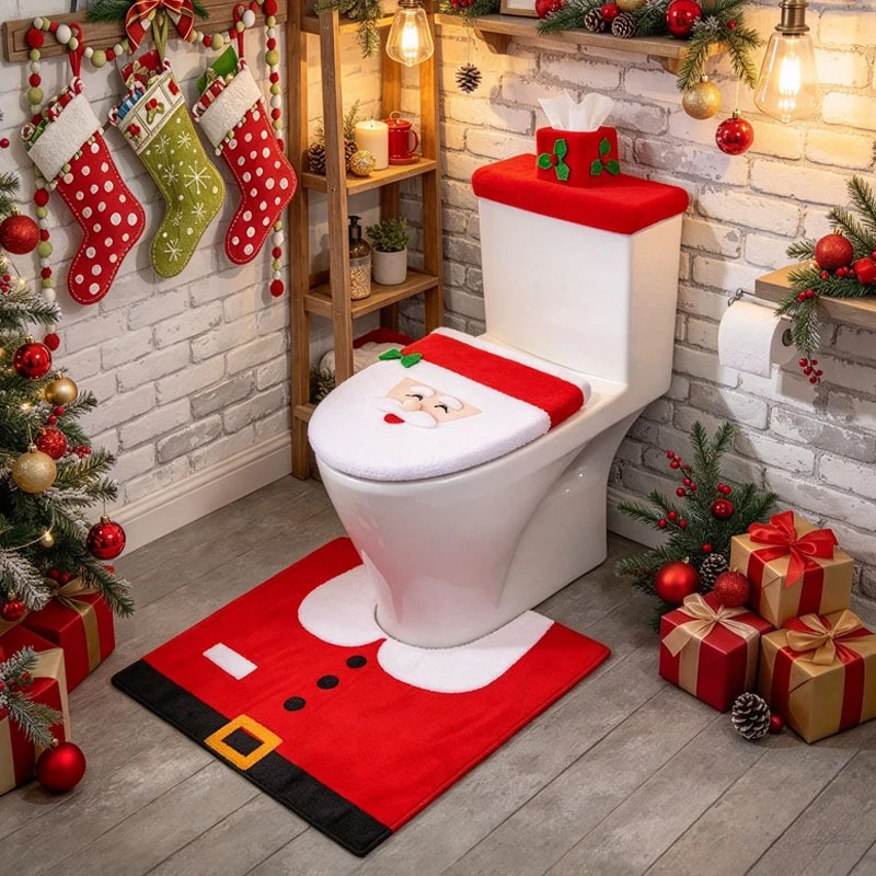 Christmas Toilet Seat Cover with Santa Claus Lid Mat and Tank Wrap for Holiday Home Bathroom Decoration Festivity Xmas Decor Set