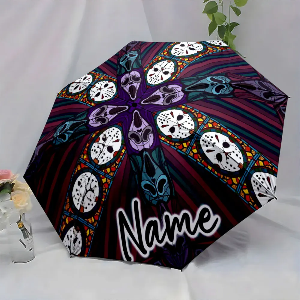 Custom Name  Unique Horror Mask Umbrella with Eye-Catching Design Print 8 Iron Ribs Folding Umbrella Auto-Open Fashion Sunshade