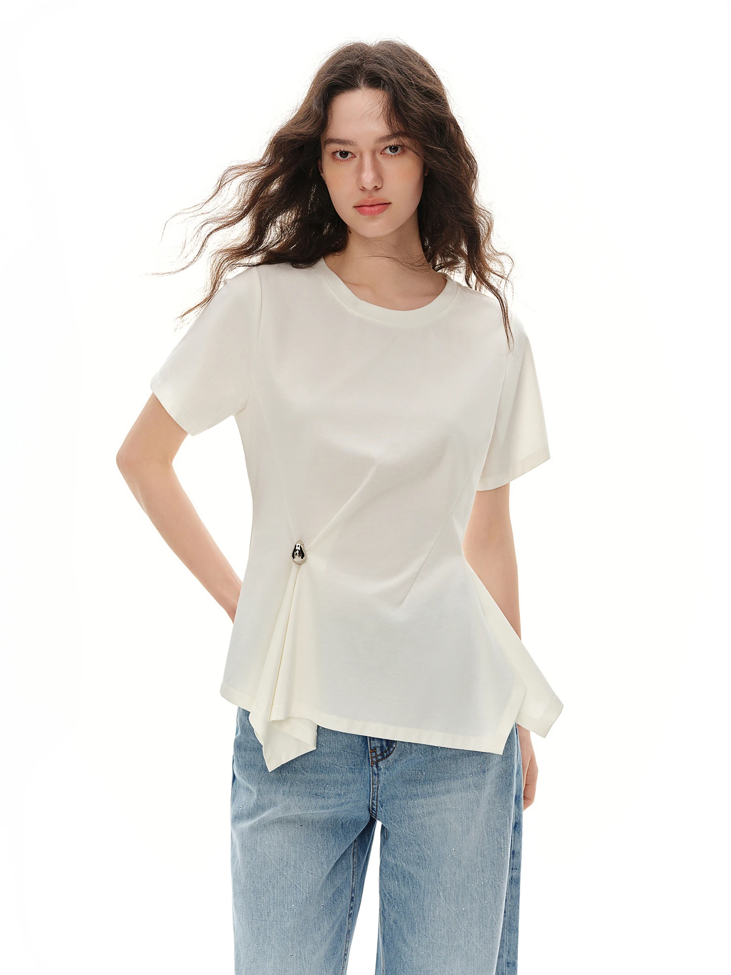 DUSHU 2026 New Arrival Summer Women's Asymmetric Button Short Sleeves Tee Relaxed Minimalist Top for Modern Quiet Luxury Style