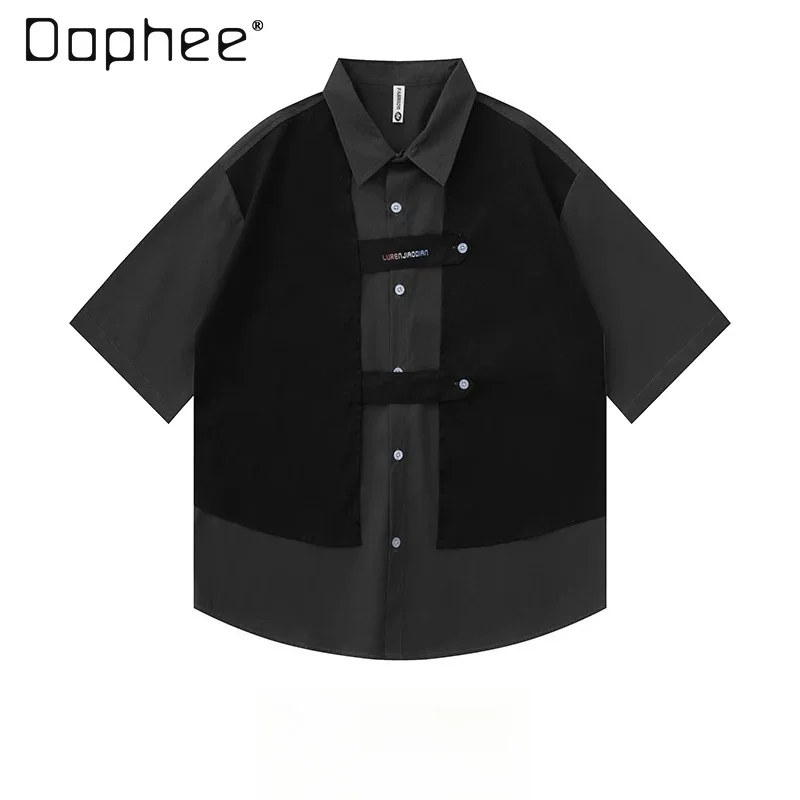 

Summer Men's Black and White Color Block Cargo Style Short Sleeve Shirt Casual Loose Streetwear Button Down Top for Daily Wear