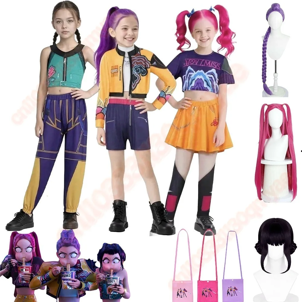 

Kids Demon Hunters Cosplay Full Set Halloween Party Outfit for Girls with Wig And Backpack - Zoey Mira Rumi