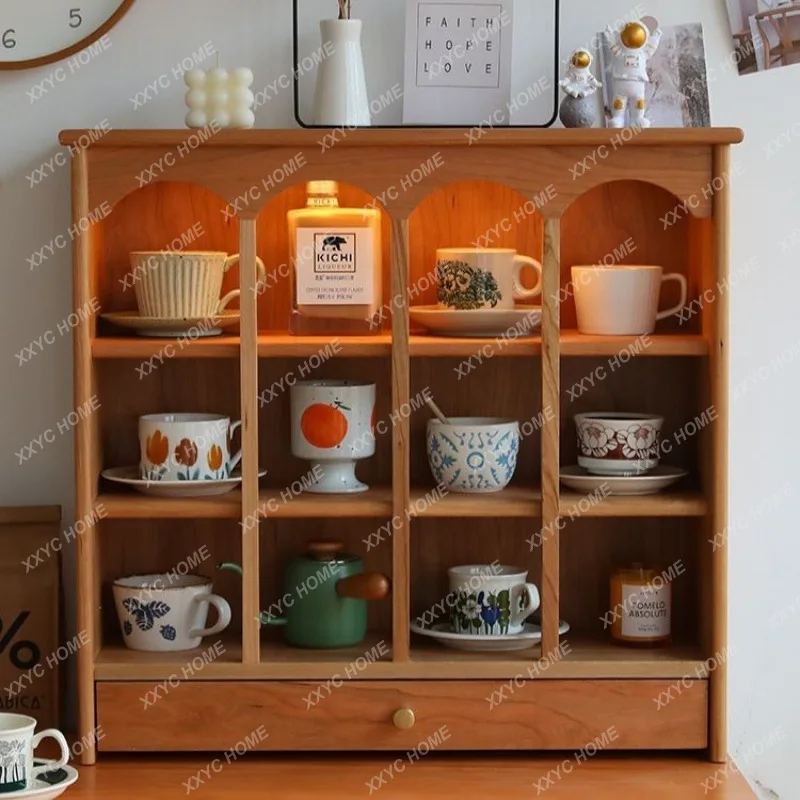 Nordic Solid Wood Cup Draining Board Plaid Display Cabinet Household Multi-Treasure Storage Cabinet