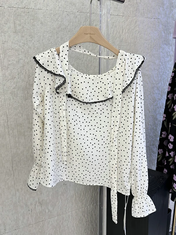 

Модная женская рубашка Sweet Style Oxygen Leaf Collar в горошек с рукавами-колокол, весна-лето, повседневная, свободного кроя, с длинным рукавом