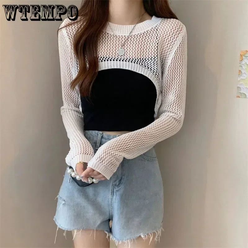 Hollow Thin Long-sleeved Shirt Women\'s Summer and Autumn Round Neck Short Knitted Blouse Drop Shipping Wholesale