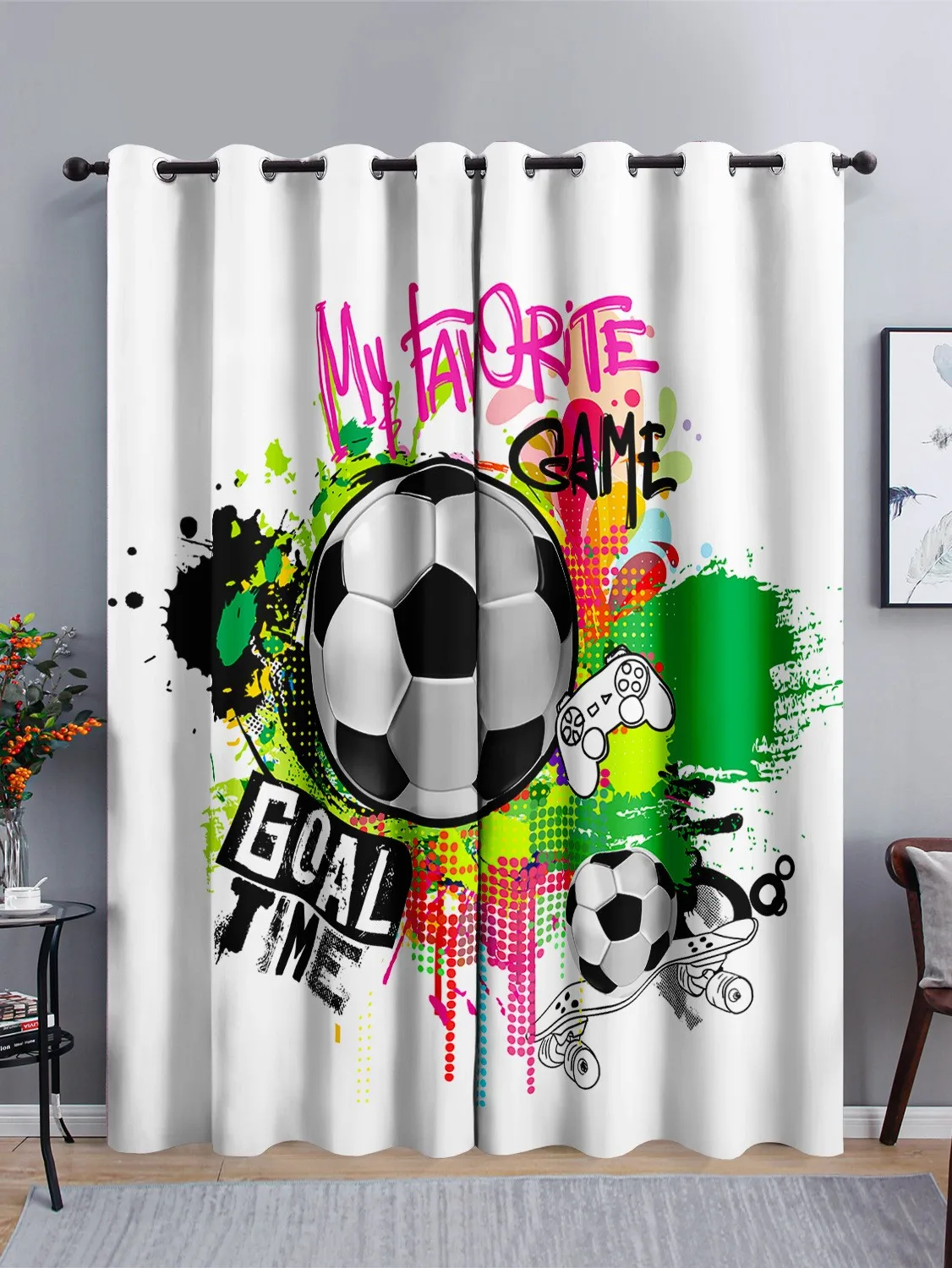 Football Graffiti Art Design Sports Children 2Pcs Shading Polyester Darkening Curtain for Living Room Kids Bedroom Decor Hook