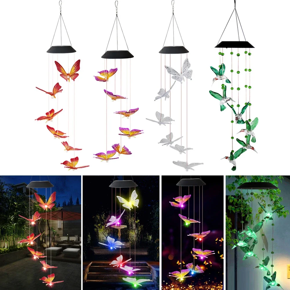 Led color changing solar wind chime light Waterproof Outdoor Windchime Butterfly Light Solar Hanging Lamp for Garden Decoration