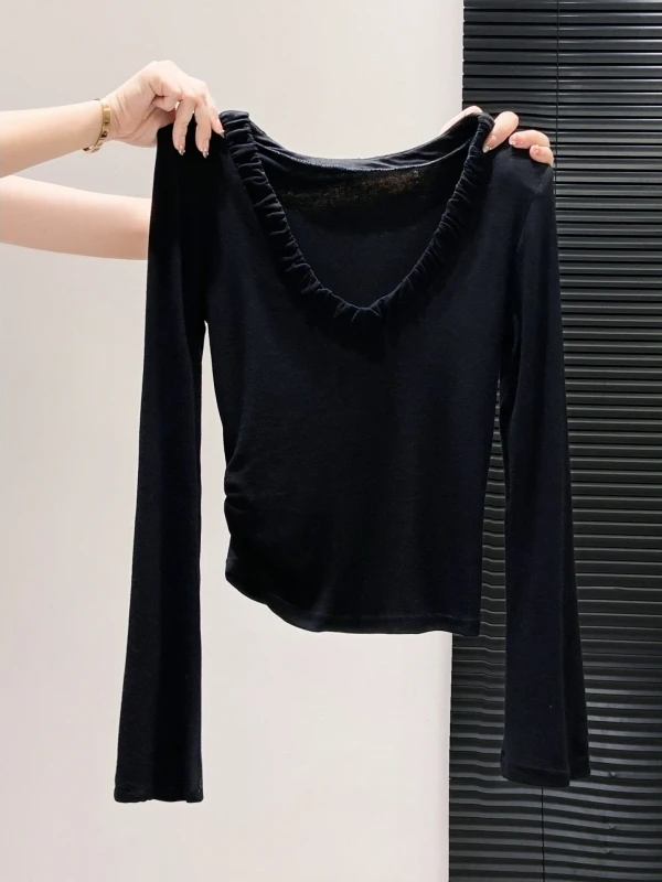 

Корейская футболка Sle Early Autumn V-Ne Long Sve, женская утягивающая талия, утягивающая футболка ort Base irt, складной дизайн