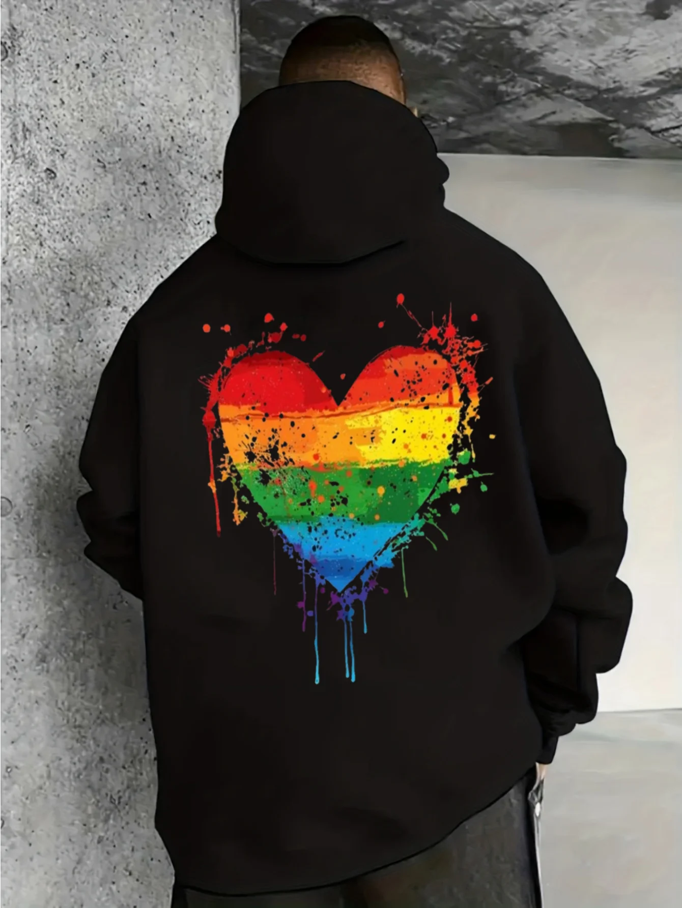Men Rainbow Heart Splash Paint Back Print Hoodie, Colorful Dripping Ink Heart Graphic Drawstring Kangaroo Pocket Pullover Sweatshirt Art Street Hooded Tops