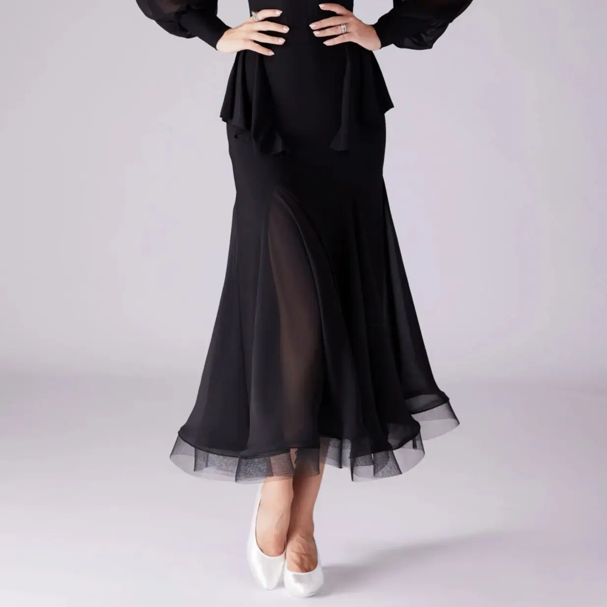 Adults Modern Dancing Clothes Waltz Ballroom Dance Dress Black Fishbone Mesh Skirts Performance Costumes Practice Wear DN22332