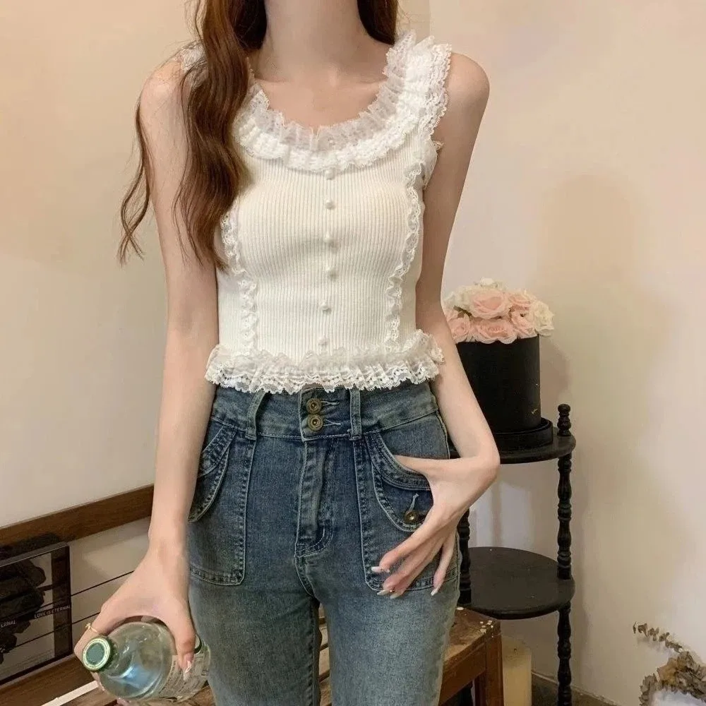 Ribbed Vest Sleeveless Women Camisole Slim Fit Seamless Crop Tops Sweet Ruffle Lace Vest Female