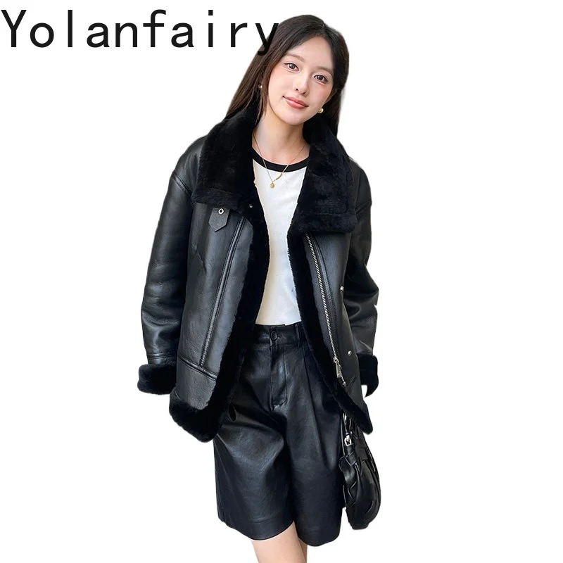 

YOLANFAIRY High Quality Natural Lamb Fur Coat Woman Hooded Winter Genuine Leather Jacket Women Short Warm Motorcycle Fur Coats
