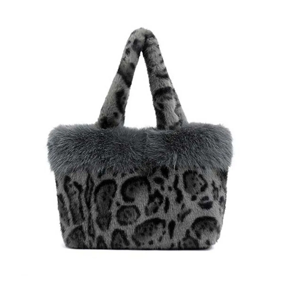 Fur Purse Large Capacity Leopard Handbag Animal Print Top Handle Plush Tote Warm Fabric Soft Faux Fuzzy Handbag Students