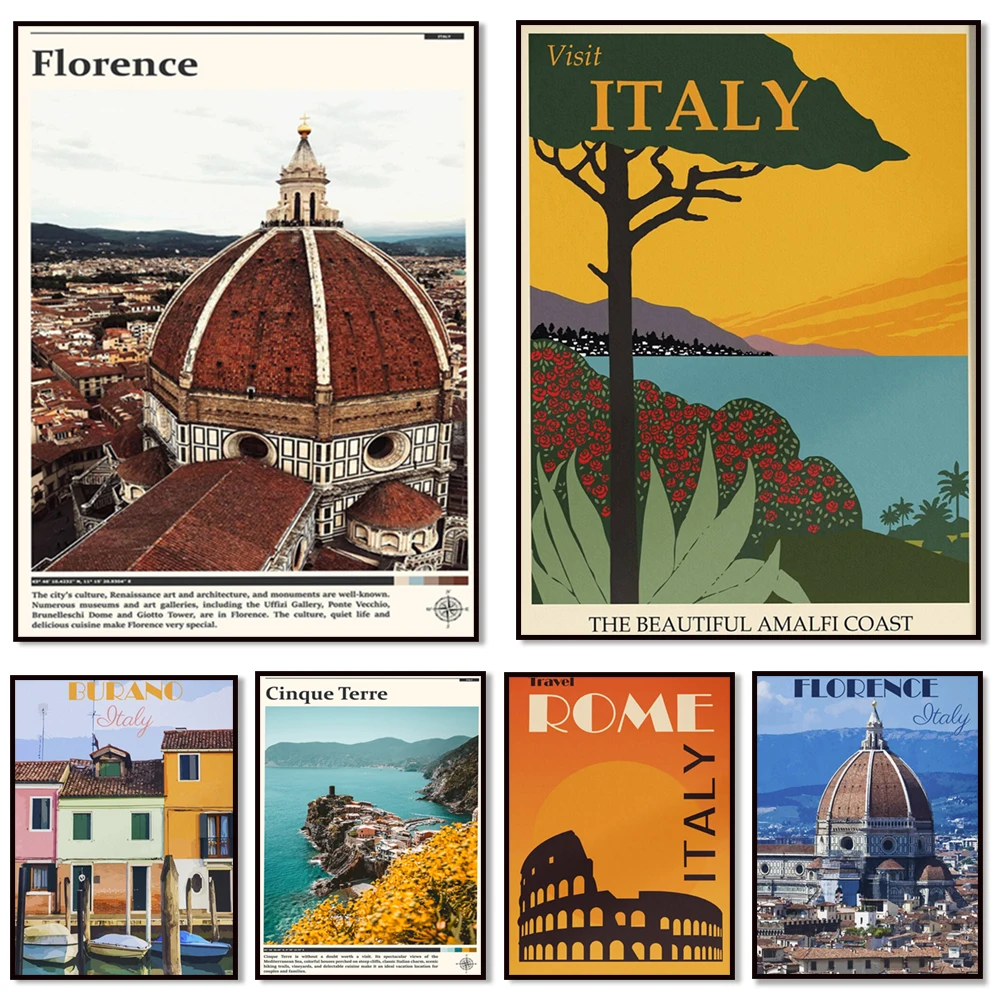

Lake Como, Florence, Cinque Terre, Capri, Naples, Campania, Calabria, Amalfi, Burano, Rome, Livorno Italy travel poster