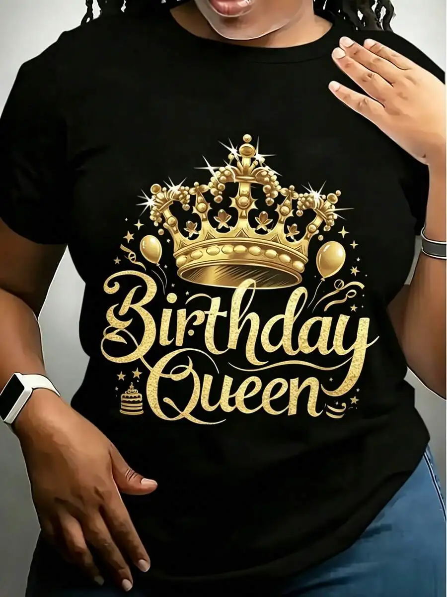 2026 Fashion New Women Crew Neck Short Sleeve T Shirt Birthday Queen Cursive Text Sparkling Golden Crown Graphic Print Slim Fit Birthday Party Daily Casual Basic Top Tee