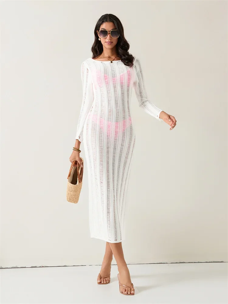 Biquíni feminino cobrir vestido de manga longa u pescoço sem costas midi vestido cor sólida oco para fora malha praia cover-ups