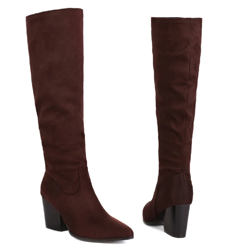 Faxu Suede Knee High Boots Women Shoes Autumn Winter Fashion Long Tall Boot Female Block High Heels Flock Black Red Party Shoes