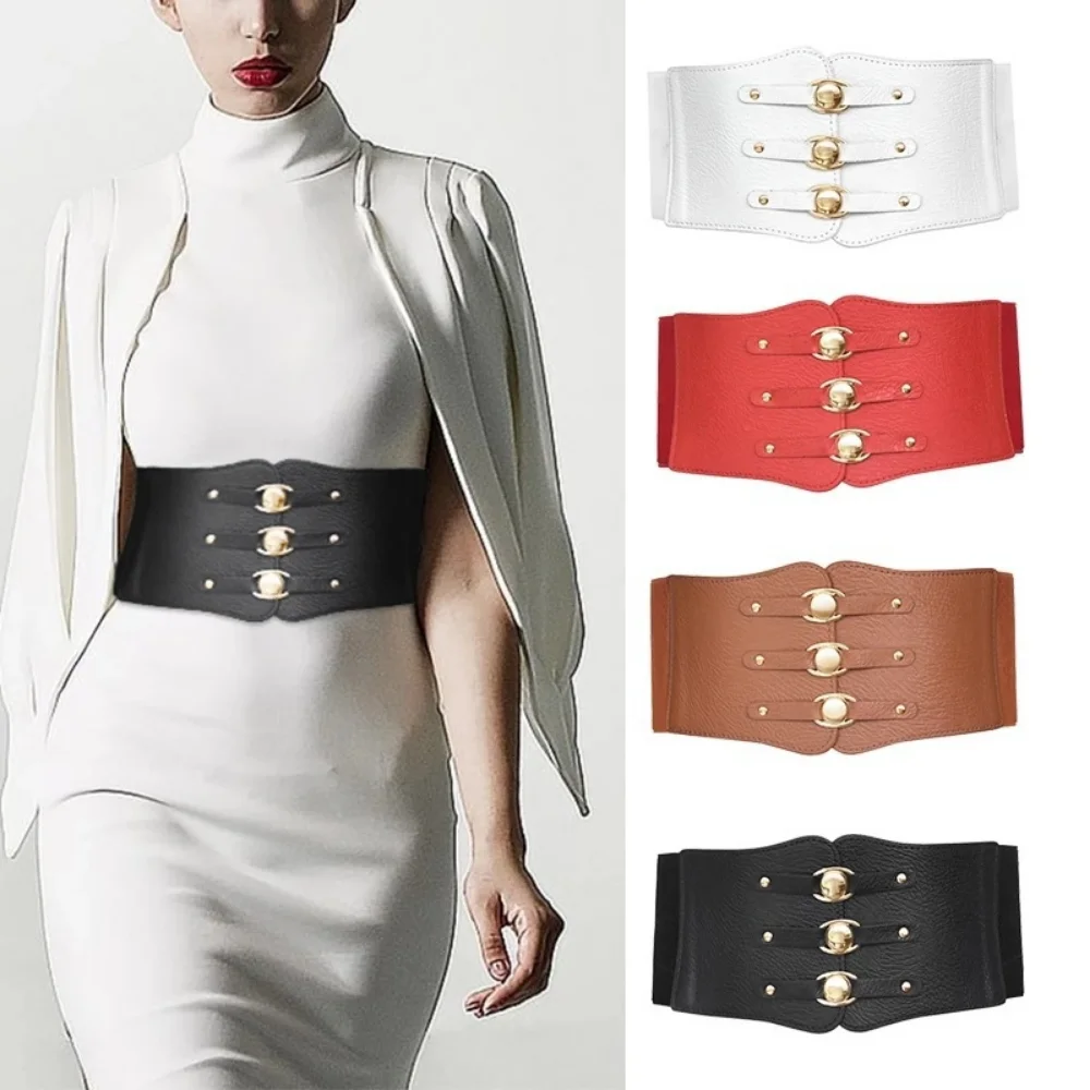 Fashion Wide Waist Belts for Women Metal Buckle  Elastic Waistband Black Leather Corset Rivet Ultra  Belt  Woman