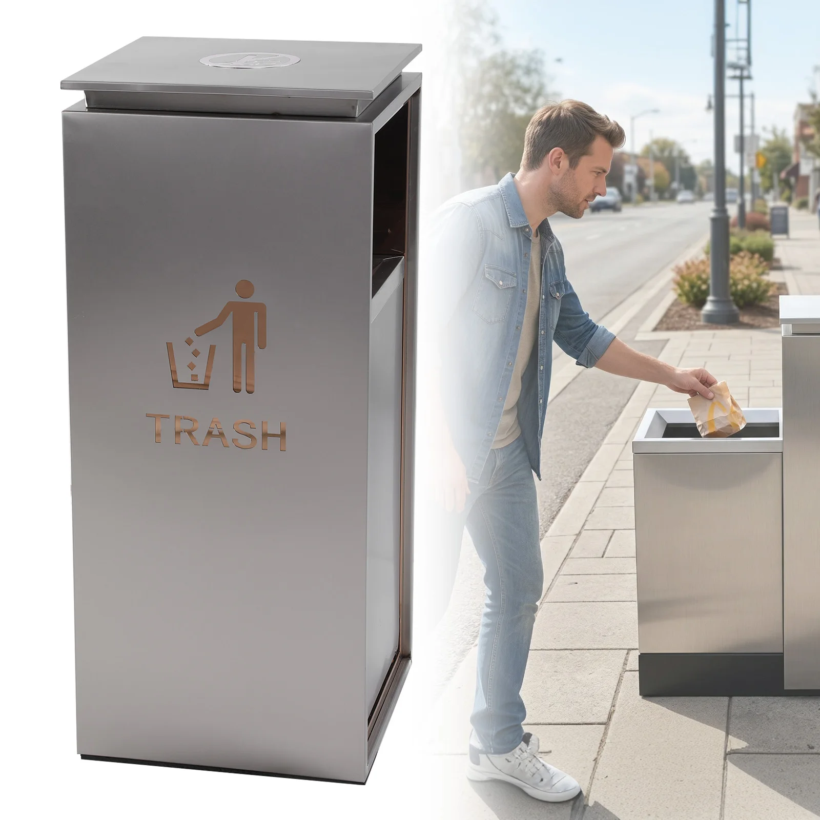 Stainless Steel Fingerprint- Large Trash Can Commercial Grade Waste Dustbin for Restaurants Cafeterias