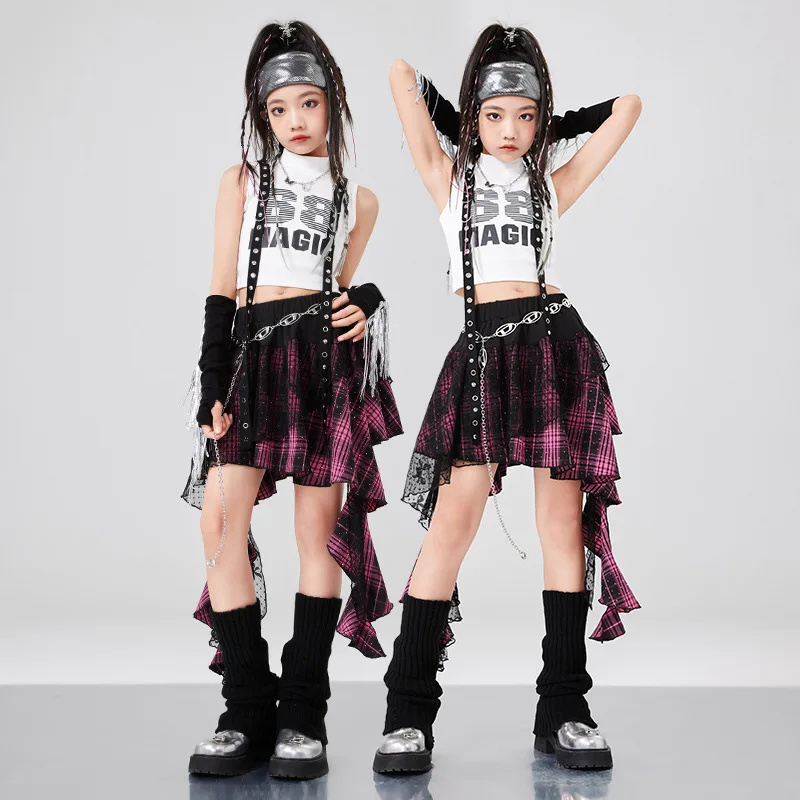 Girls Hip Hop Crop Top Plaid Street Dance Skirt Kids Ribbon Pleated Skirts Teens Jazz Cool Costumes Child Streetwear Clothes Set