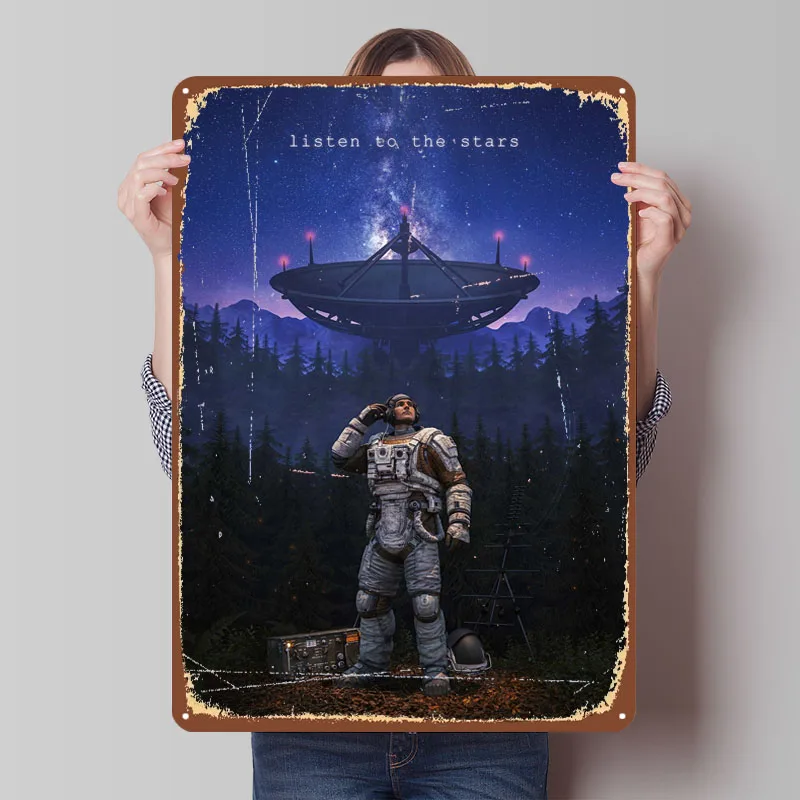 Escuche las estrellas: carteles de hojalata de explorador espacial, cartel de árbol espacial, cueva de hombre, letrero de Metal personalizado para decoración artística de pared Retro