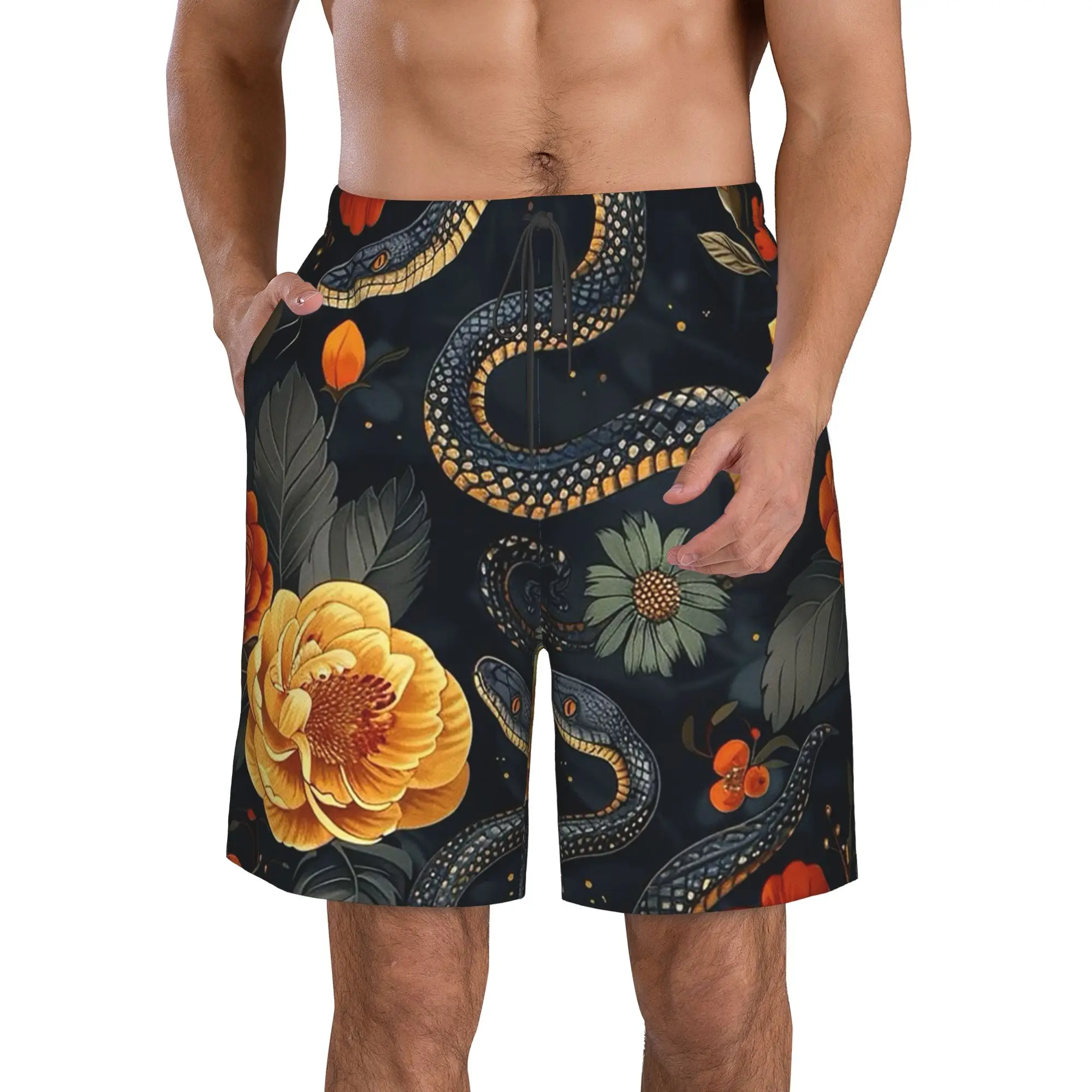 Colorful Snakes And Plants Pattern Trunks Beach Board Shorts Casual Quick Dry Swim Summer Men Pants