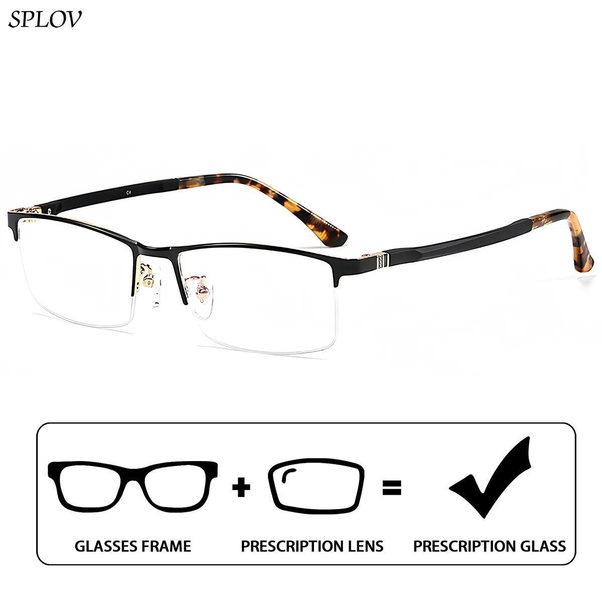 SPLOV Men's Metal Frame Prescription Glasses Lightweight and Durable Vision Correction Glasses Anti Blue Light Myopia Glasses