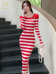 H Han Queen Autumn Winter Knitted Dress Bodycon Bottoming Elastic Striped Knitted Long Sleeve Sweater Women Midi Party Dresses