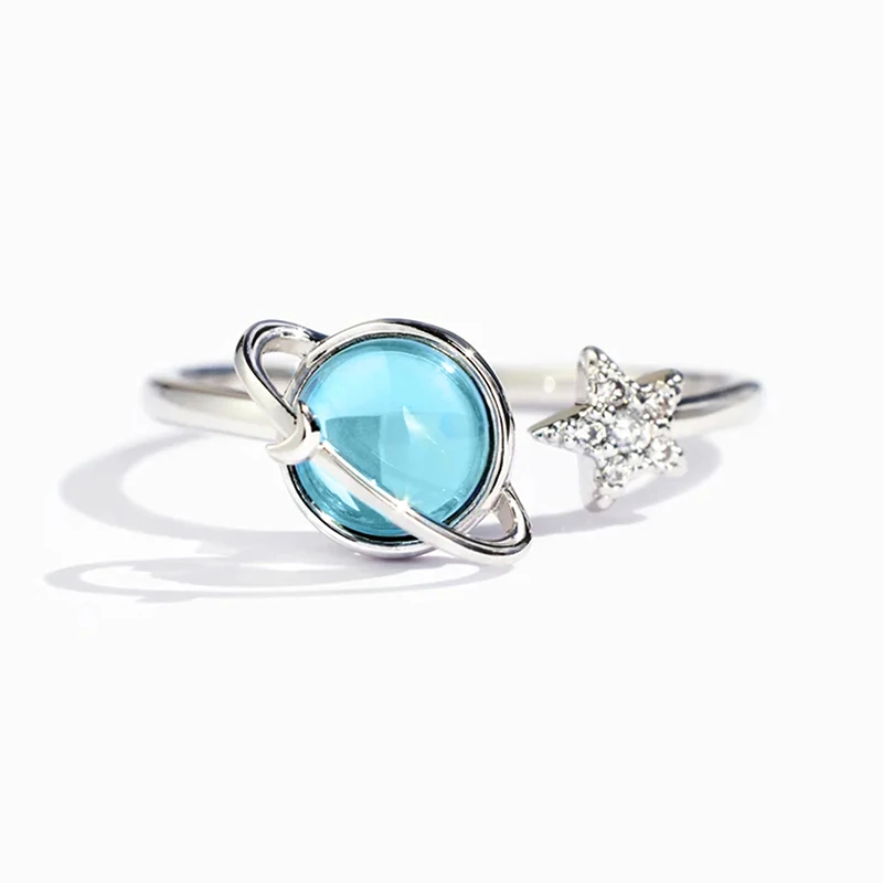 Women's Blue Planet and Silver Color Star Ring, Unique Design