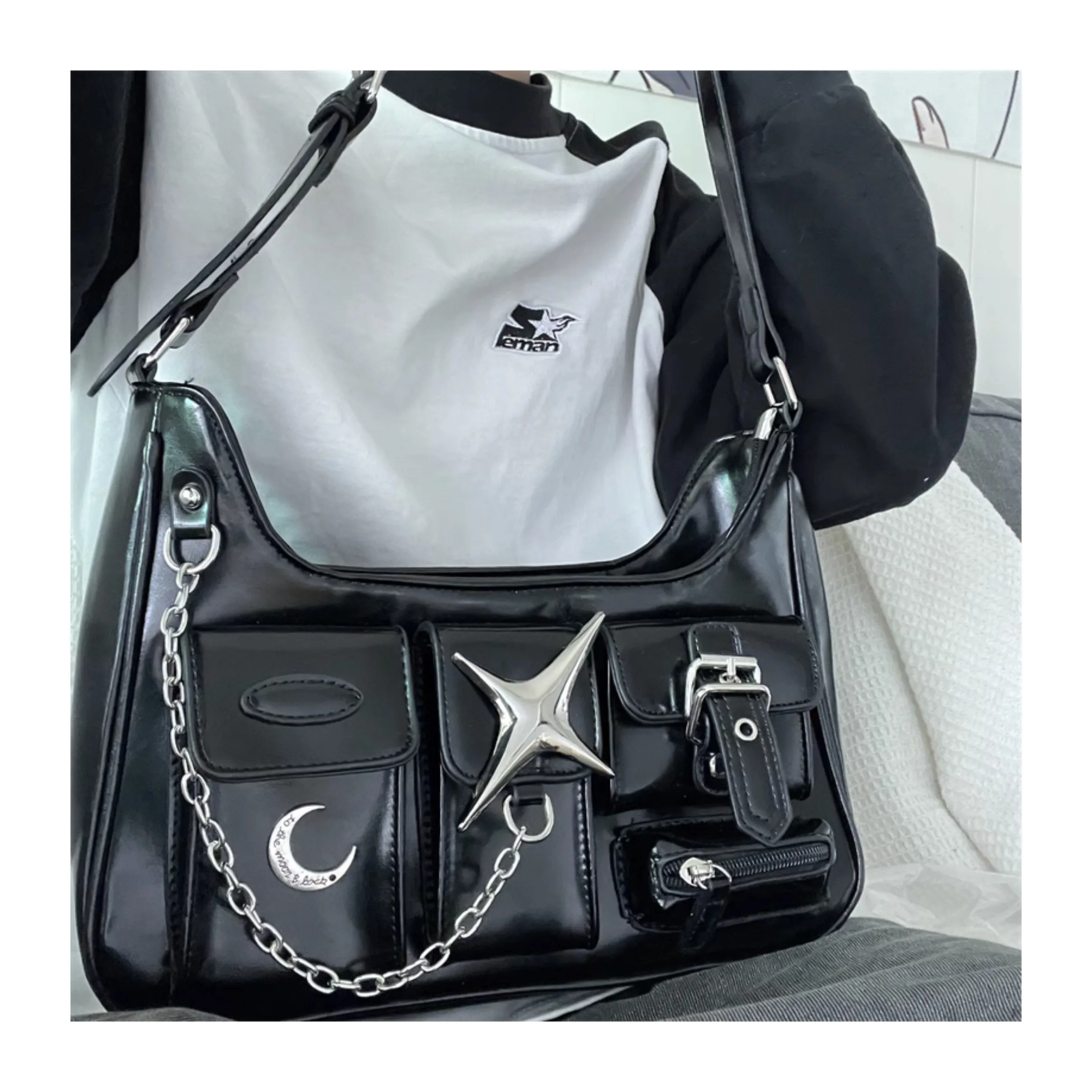 

Spice Girl Punk Pu Leather Shoulder Bag Sweet Cool Girl Black Locomotive Underarm Bag Vintage Versatile High End Street Handbag