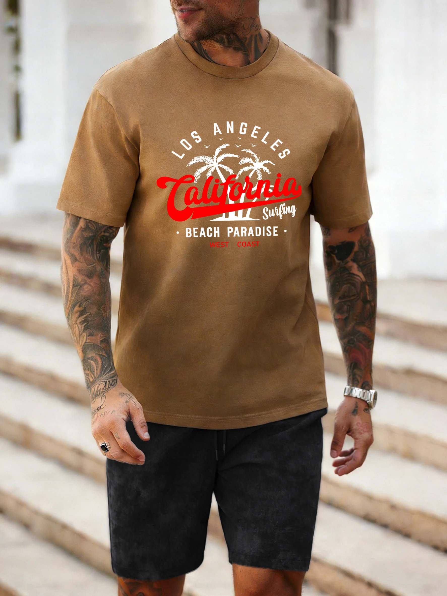 

Мужская футболка с принтом California Surfing Beach Paradies, тай-дай, повседневная, хлопковая, дышащая, модная, свободного кроя, универсальная, с шортами
