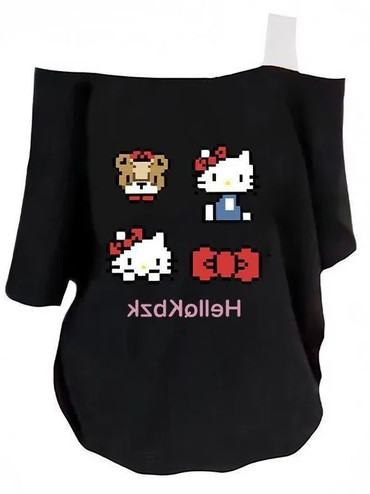 تي شيرت نسائي أمريكي بتصميم عتيق مكشوف الكتفين مع رسومات كرتونية لطيفة وأكمام قصيرة وتصميم فضفاض، موديل صيفي جديد مريح وقابل ...