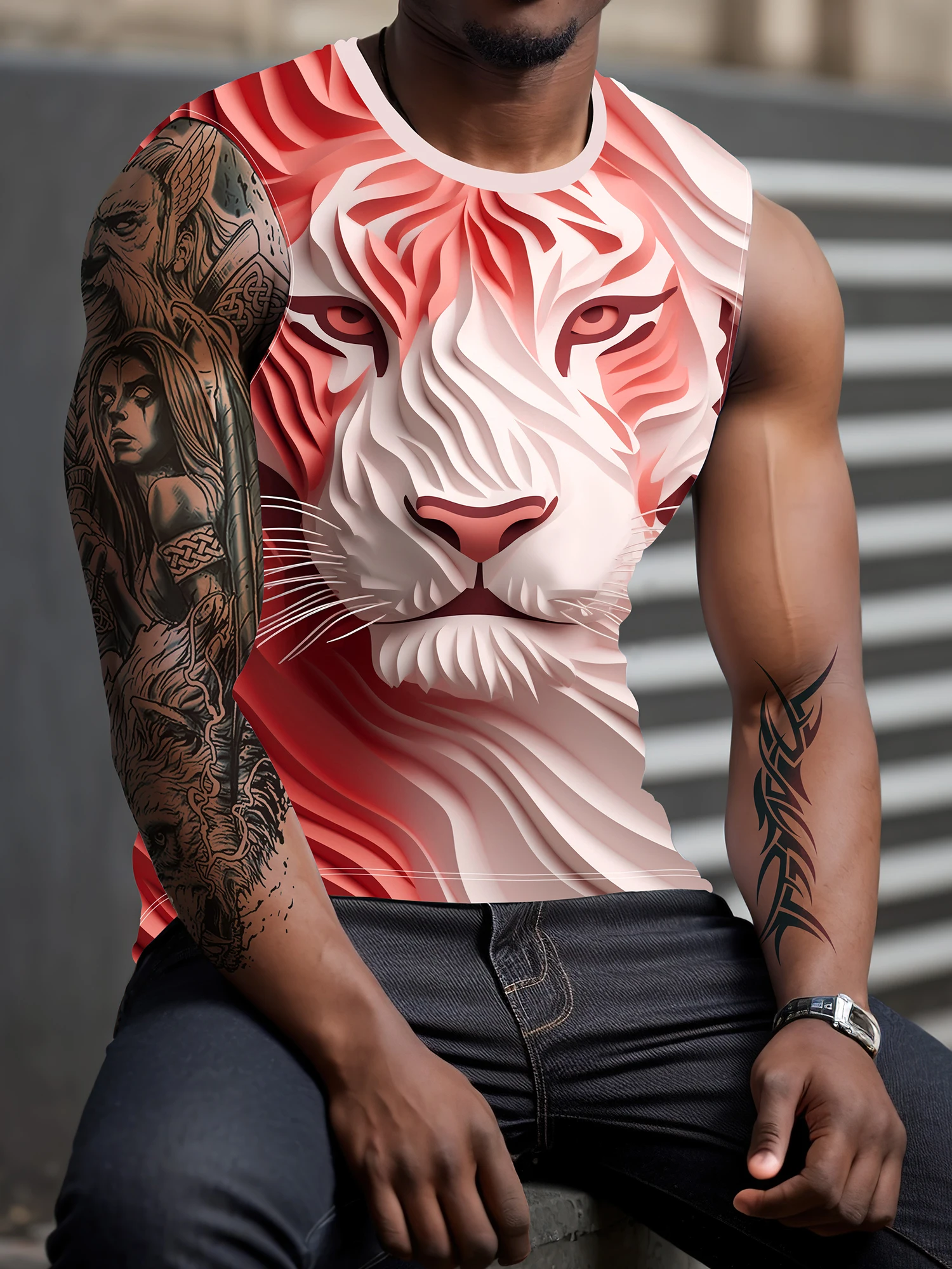 New Spring/Summer 3D Lion Print Men's Tank Top Fitness Street Wear Dominant Round Neck Sleeveless T-shirt Polyester Casual Top