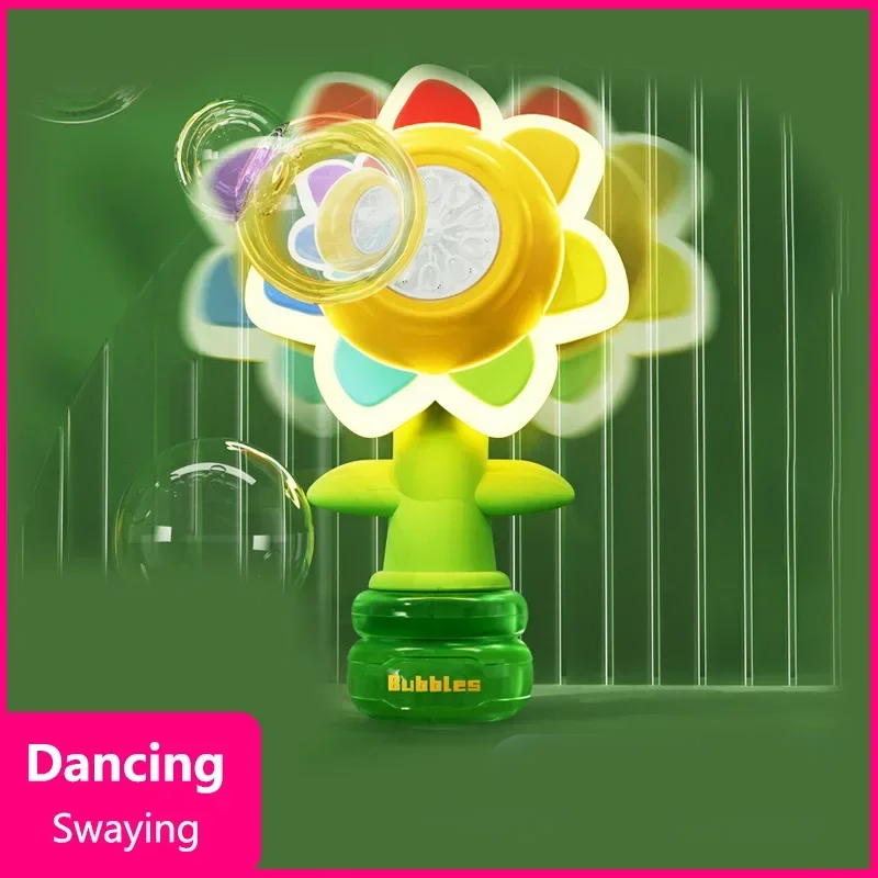 

New Bubble Machine Toy Electric Automatic Sunflower Shaking Head Adjustment Light Dancing One Key Bubble Maker Toy For Kids