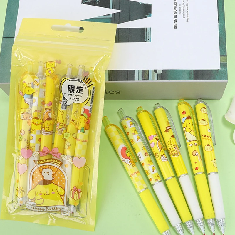 6Pcs Cute Pompom Purin Neutral Pen Kawaii Cartoon Anime Sanrio Student Gel Pen School Office Supplies Stationery Toy Girls Gifts