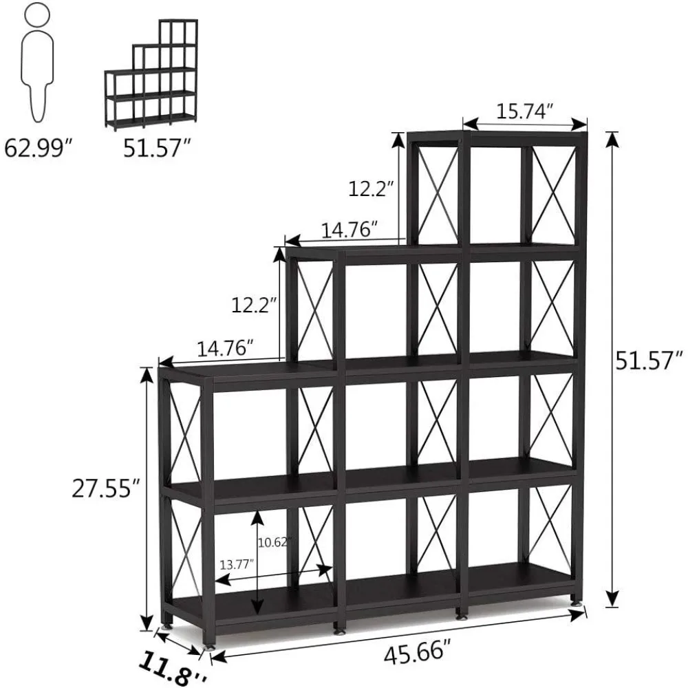 Industrial Ladder Corner Bookshelf 9 Cubes Stepped Etagere Bookcase, Rustic 5-Tier Display Shelf Storage Organizer