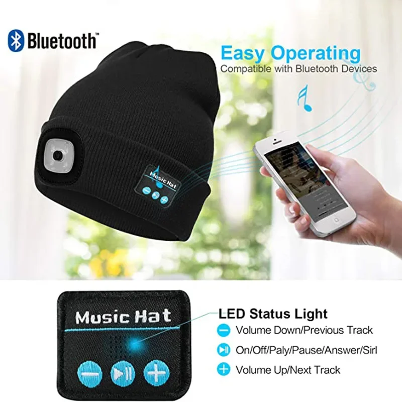 

Wireless Earphone Winter Warm Cap Led 5.0 Bluetooth Music Hat Beanie Headlight Handsfree for Running Skiing Camping