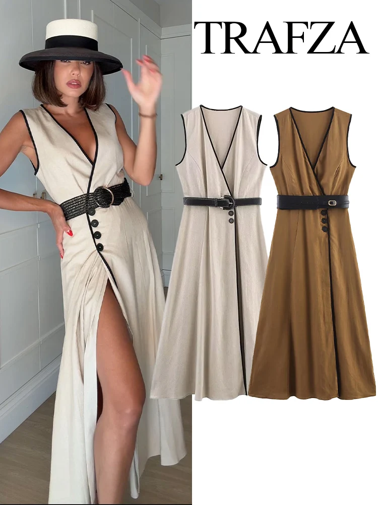 

HH Women Summer Fashion V-Neck Single-Breasted Dress Female Elegant Belt Blend Open-lined Embellished Sleeveless Midi Dress