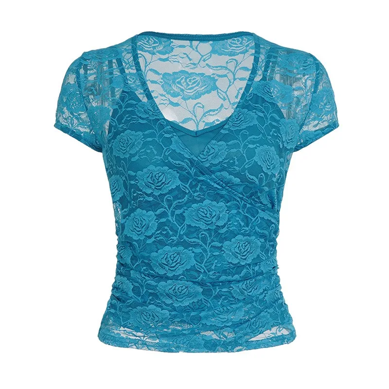 New Summer Hot Girl Sexy Lace Perspective Stacked Short Sleeve T-shirt Cross V-neck Slim Fit Inner Strap Two Piece Top Set