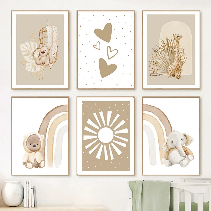 1pc frameless Canvas Painting Boho Giraffe Bear Elephant Rainbow Sun Nursery Wall Art Canvas Painting Nordic Posters And Prints
