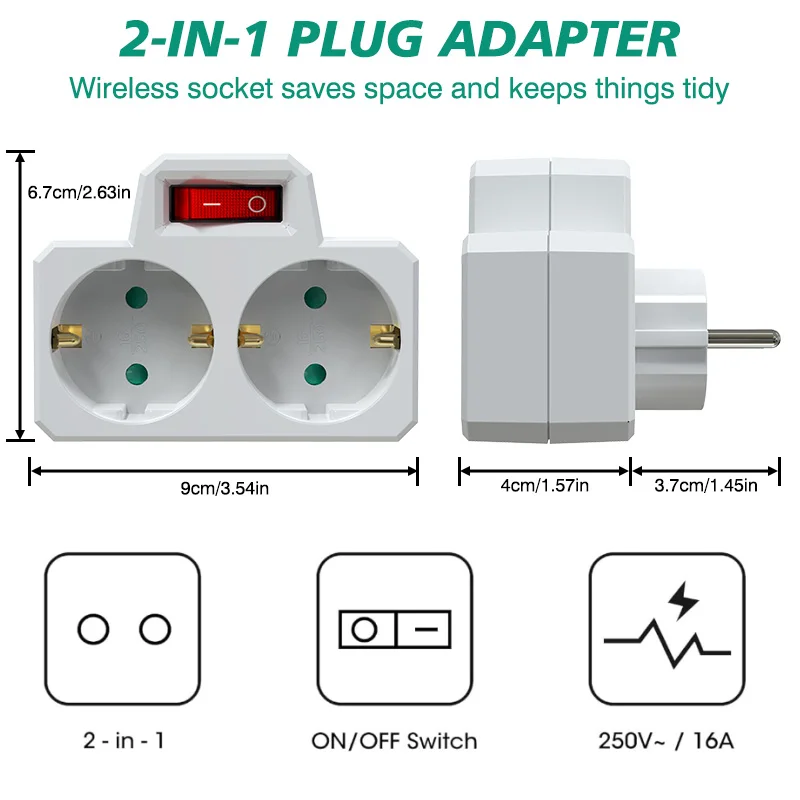 EU plug extension conversion socket with indicator switch ON/OFF power supply, 2-pin 4.8 mm EU-Germany travel adapter 16A 250V