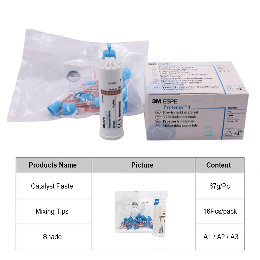 3M ESPE Protemp 4 Composite Resin Adhesive Temporary Crown Bridge Material Catalyst Paste Cartridge A1/A2/A3 Dispenser Mix Tips